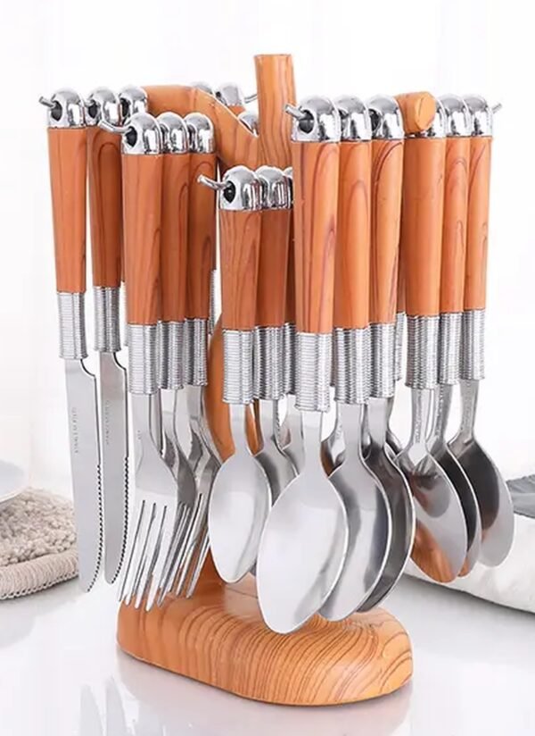 Wooden Handle Stainless Steel Flatware Set Knife Serve Fork Spoon Portable 24pcs Dinnerware Tableware Set With Rack