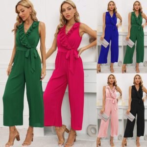Women's Comfortable Sleeveless V-neck Flounce Pleated Jumpsuit